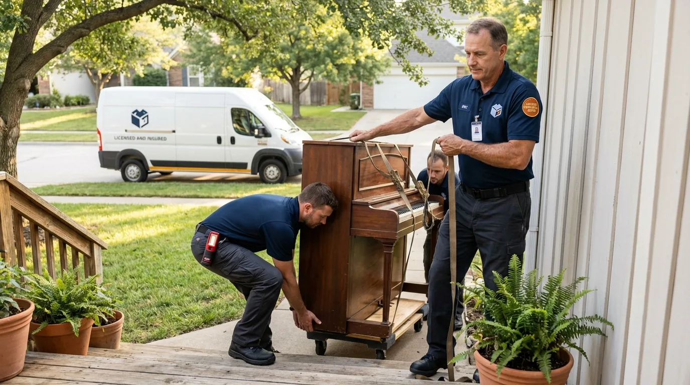 Licensed piano movers securing grand piano in Villalba, PR