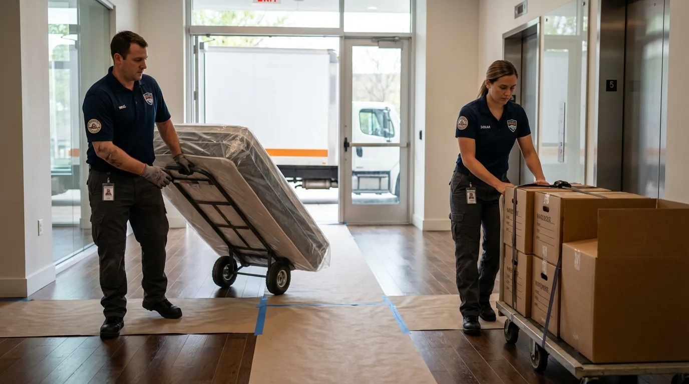 Professional apartment movers loading elevator in Villalba, PR