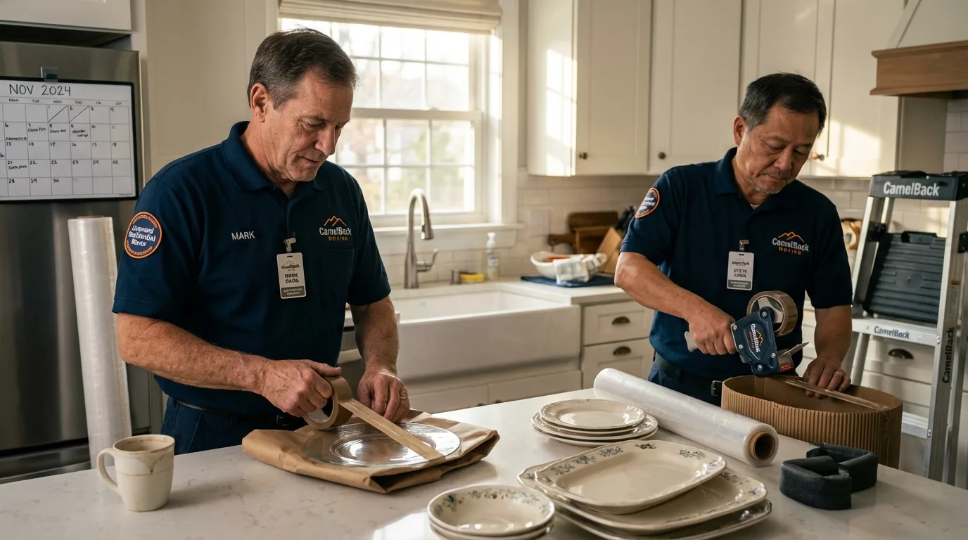 Professional crew packing kitchen dishware in Villalba, PR